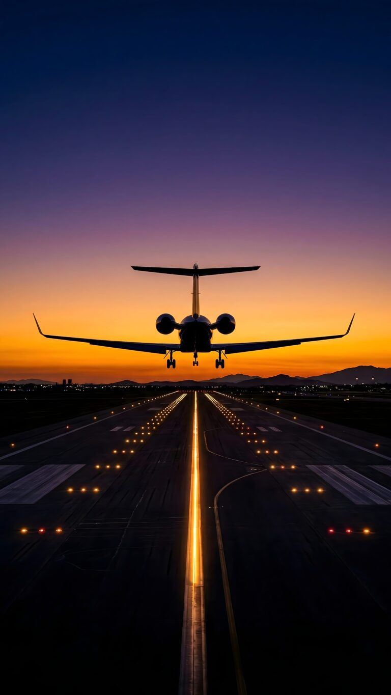 A high-resolution 4K mobile wallpaper featuring the silhouette of a private jet landing on a glowing runway during a vibrant purple and orange sunset.