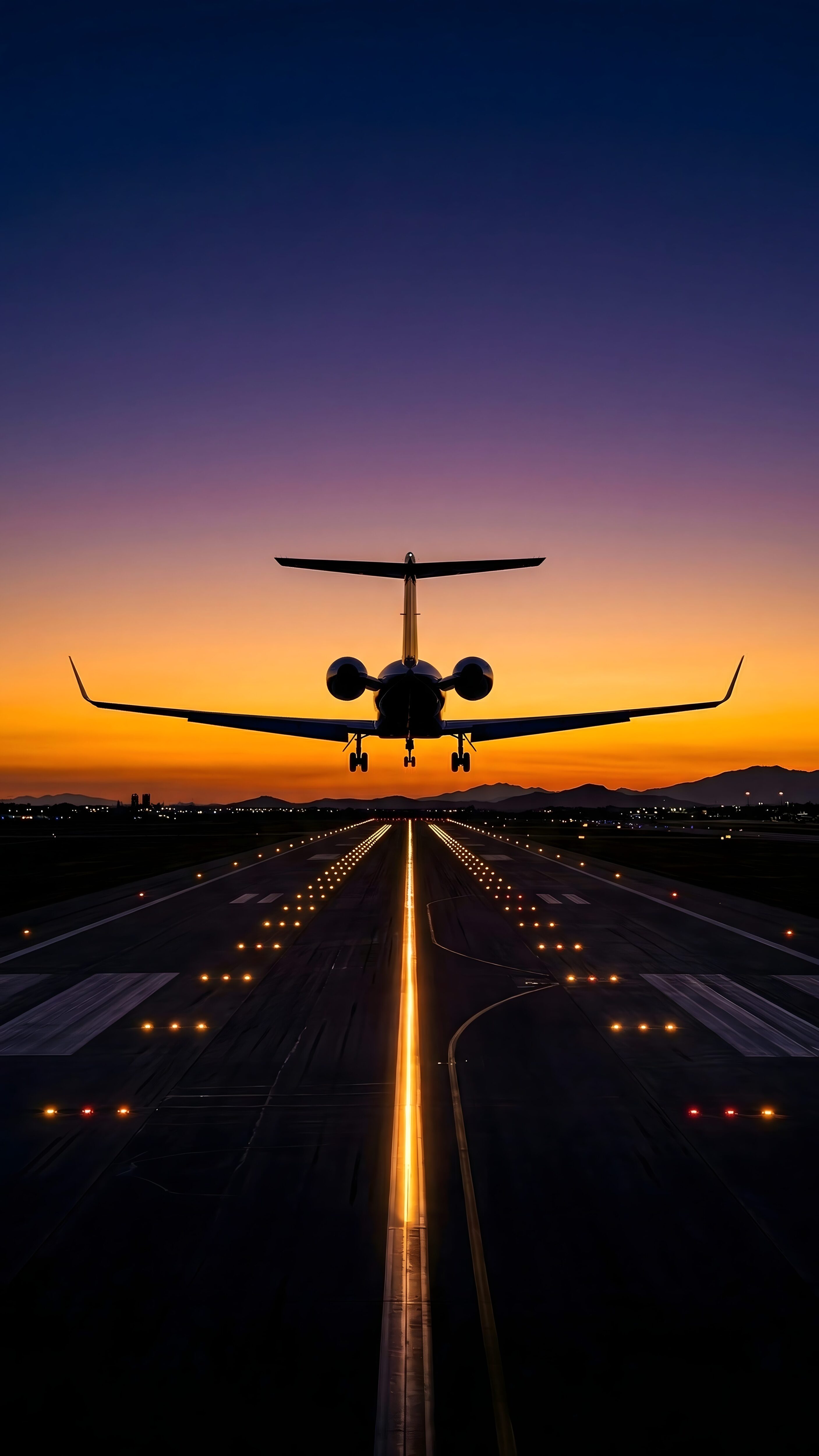 A high-resolution 4K mobile wallpaper featuring the silhouette of a private jet landing on a glowing runway during a vibrant purple and orange sunset.