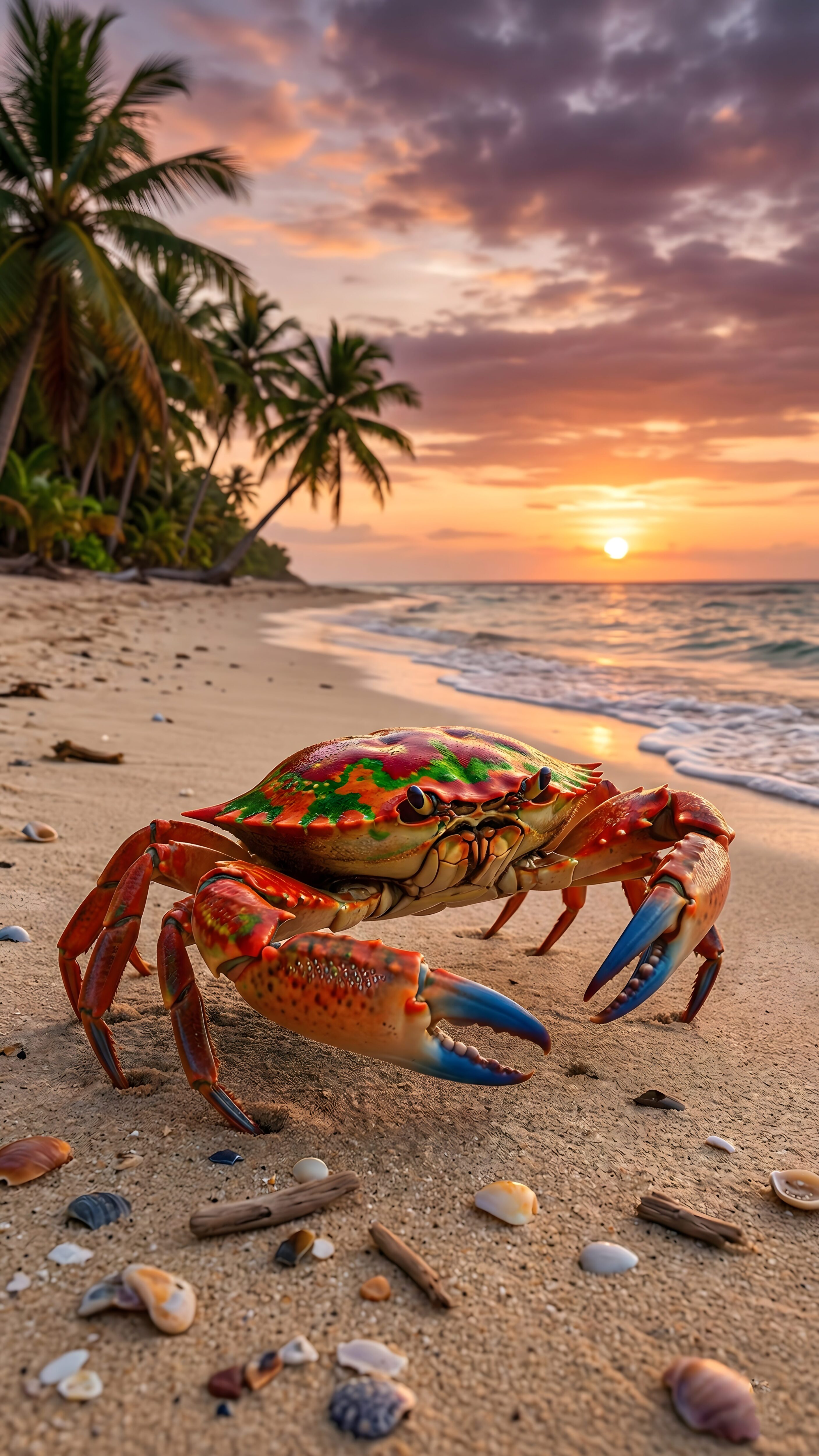 A vibrant 4K mobile wallpaper of a colorful red and green crab on a sandy beach during a warm tropical sunset with palm trees in the background.