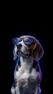 A high-resolution 4K mobile wallpaper of a Beagle dog wearing sunglasses that reflect a neon city skyline against a pure black background.