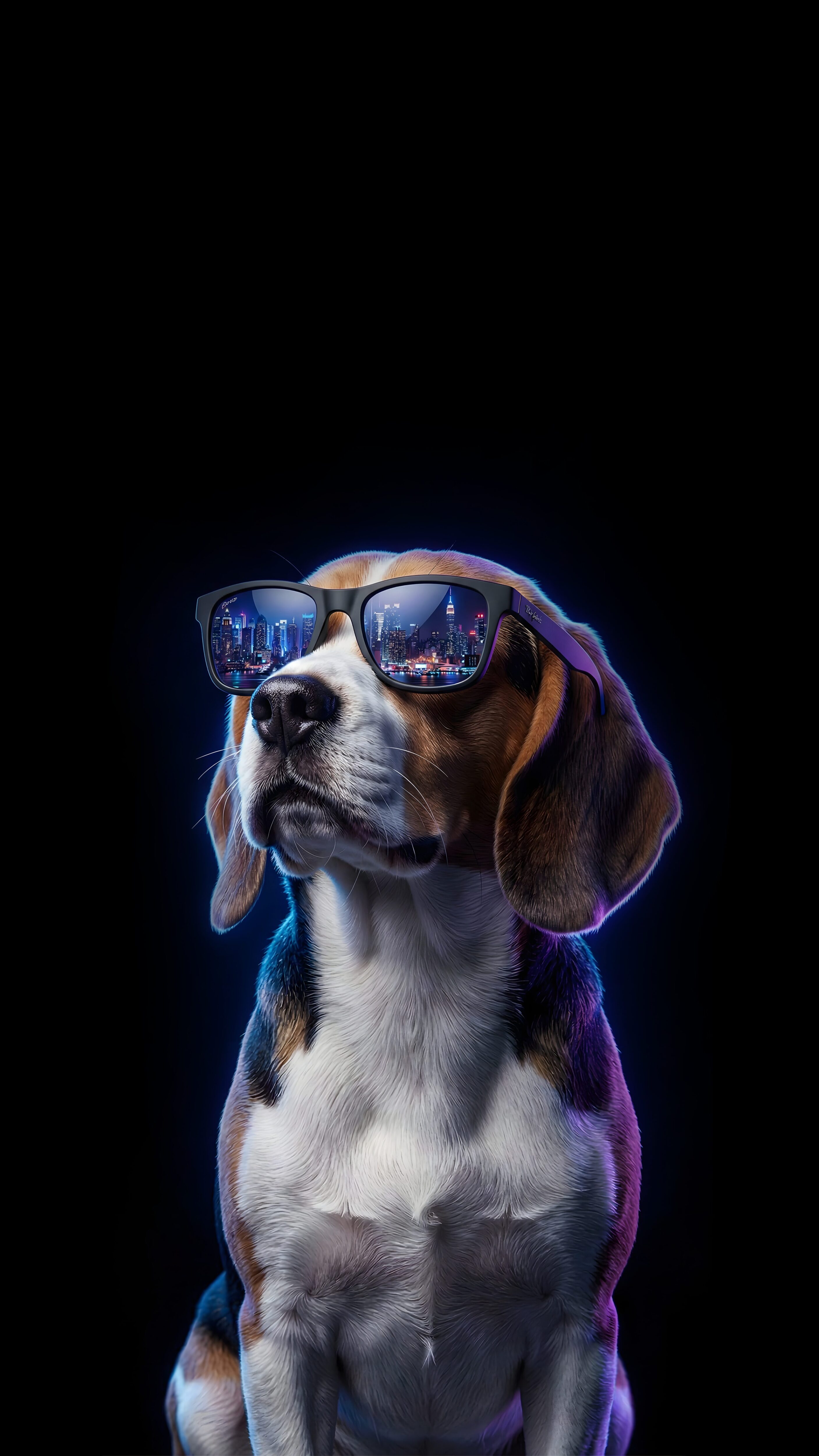 A high-resolution 4K mobile wallpaper of a Beagle dog wearing sunglasses that reflect a neon city skyline against a pure black background.