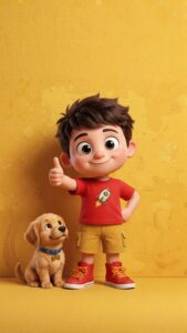 A 4K high-resolution 3D animated style wallpaper of a cute boy in a red rocket t-shirt giving a thumbs up next to a small golden puppy on a yellow background.