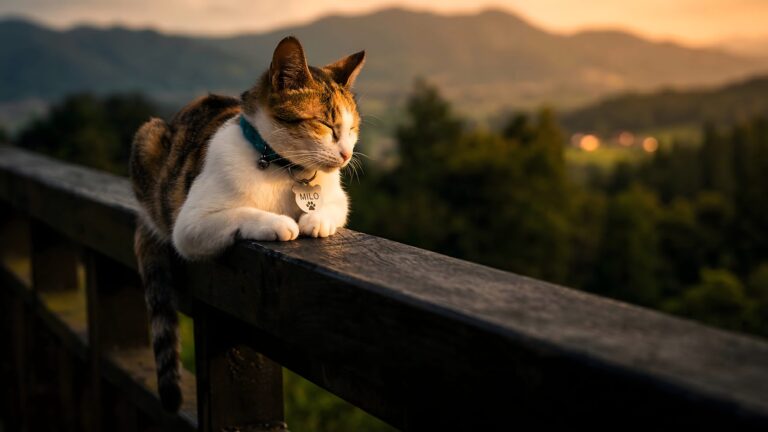 A beautiful 4K desktop wallpaper of a cat on a wooden railing during a sunset, looking out over a mountain valley, perfect for high-resolution monitors