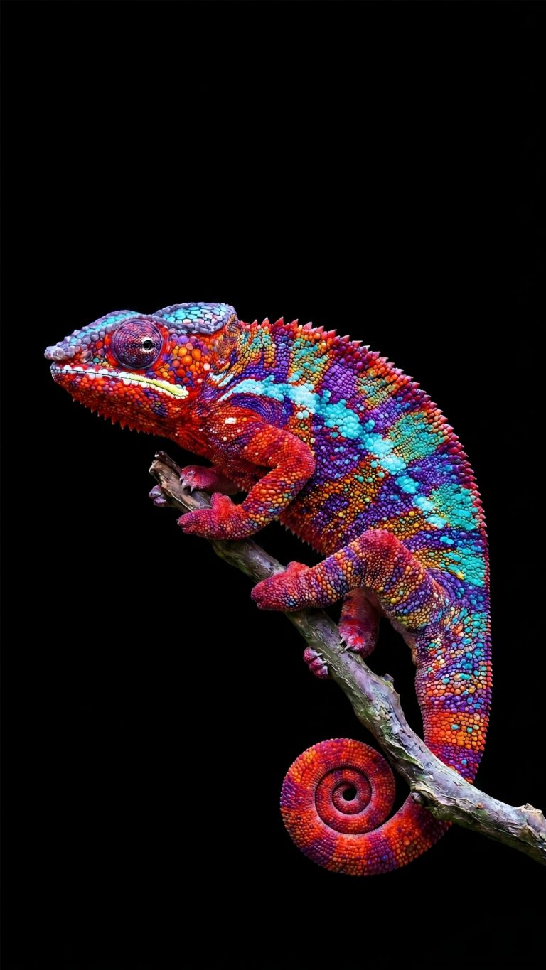 A vibrant 4K mobile wallpaper of a multi-colored chameleon with red, orange, and blue scales perched on a branch against a solid black AMOLED background.