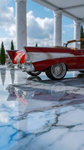 A high-resolution 4K mobile wallpaper of a classic red car with chrome accents reflecting on a white marble floor under marble pillars.