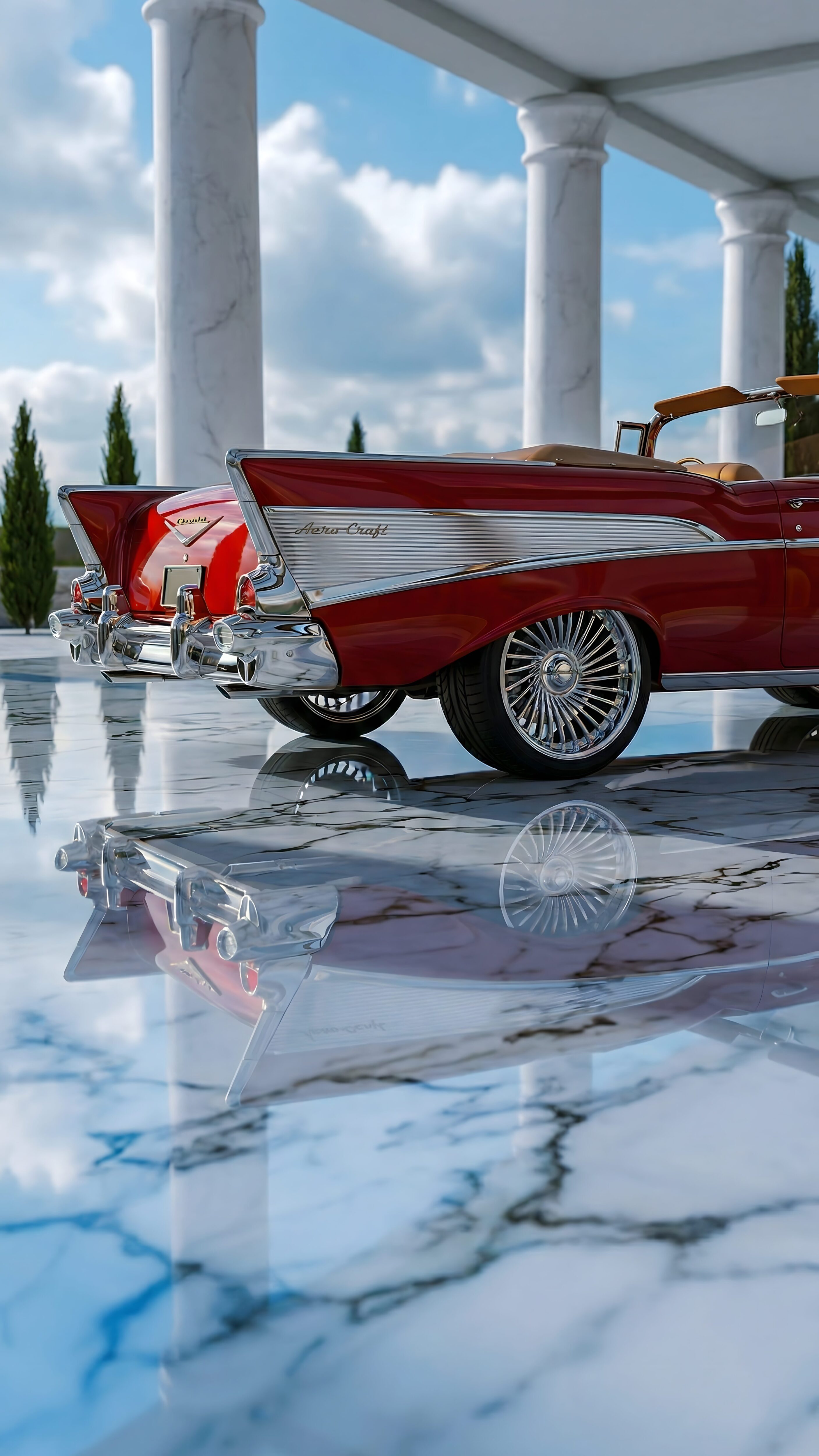 A high-resolution 4K mobile wallpaper of a classic red car with chrome accents reflecting on a white marble floor under marble pillars.