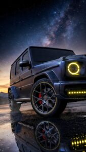 A luxury matte black Mercedes G-Wagon with carbon fiber details and yellow halo lights, reflecting on a wet surface under a starry Milky Way sky and sunset horizon.
