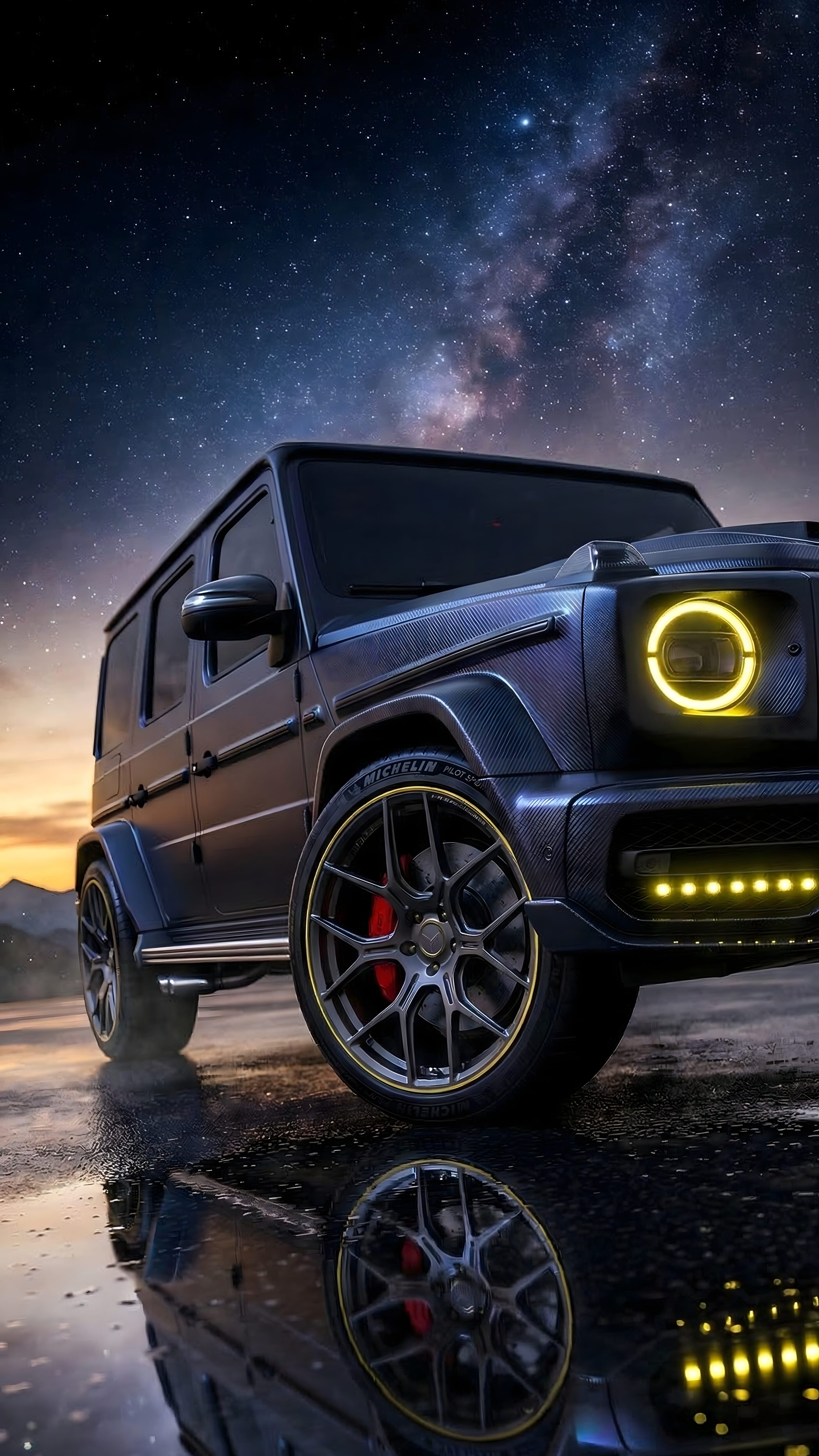 A luxury matte black Mercedes G-Wagon with carbon fiber details and yellow halo lights, reflecting on a wet surface under a starry Milky Way sky and sunset horizon.