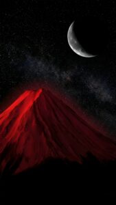 A high-resolution 4K mobile wallpaper featuring a glowing red mountain under a large crescent moon and a starry Milky Way night sky, designed for iOS depth effect.
