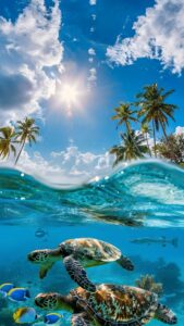 A high-resolution 4K split-view mobile wallpaper featuring sea turtles underwater and a tropical palm beach with a sunny sky above, optimized for iOS depth effect.