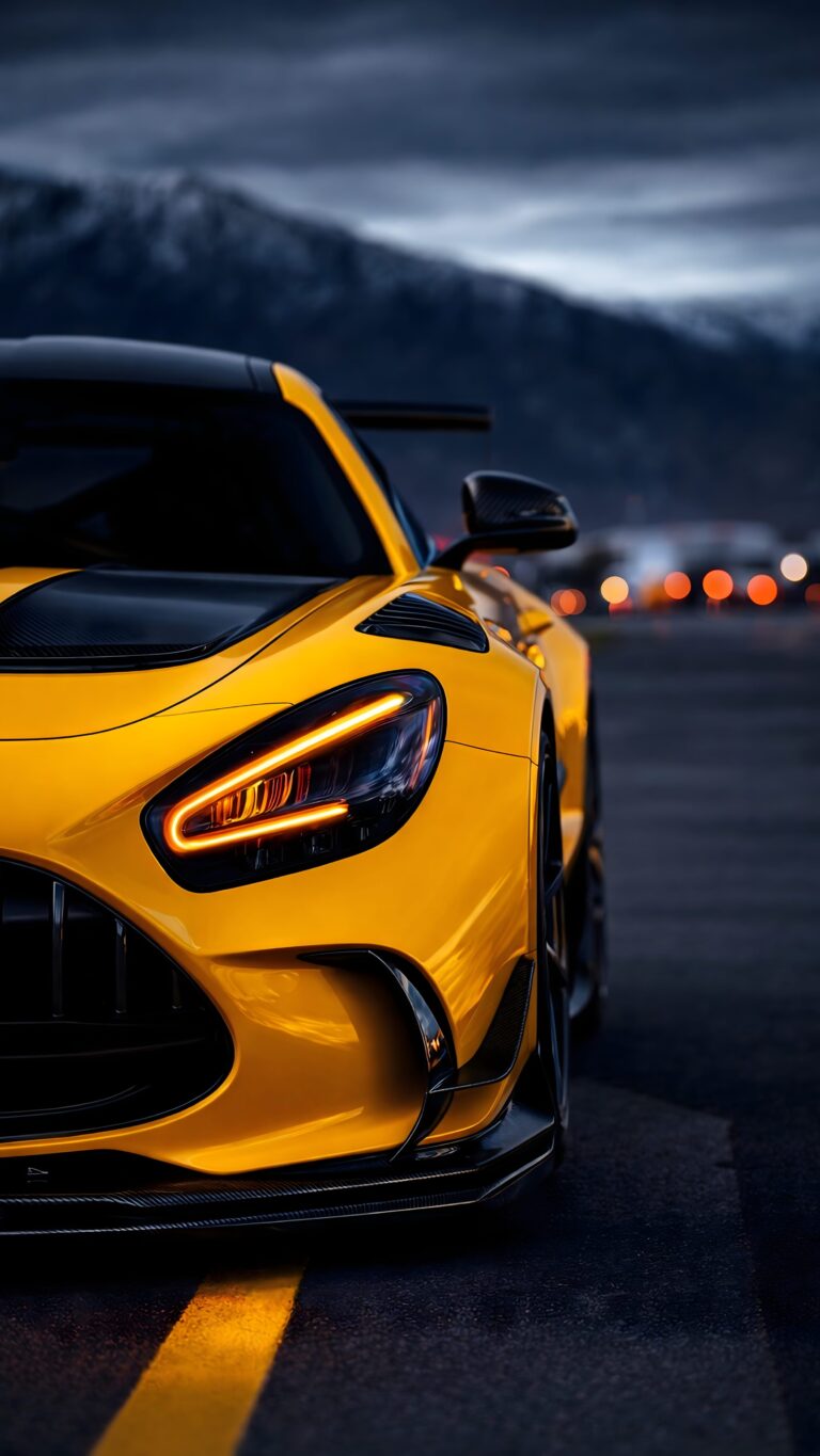 Front close-up of a bright yellow luxury sports car with glowing LED headlights parked on a road with a dramatic mountain background.