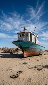 A weathered, rusty teal and white boat stranded on sandy desert dunes under a bright blue sky with sweeping clouds.