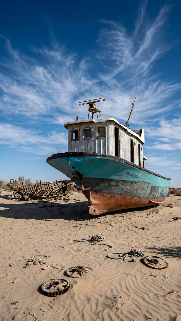 A weathered, rusty teal and white boat stranded on sandy desert dunes under a bright blue sky with sweeping clouds.