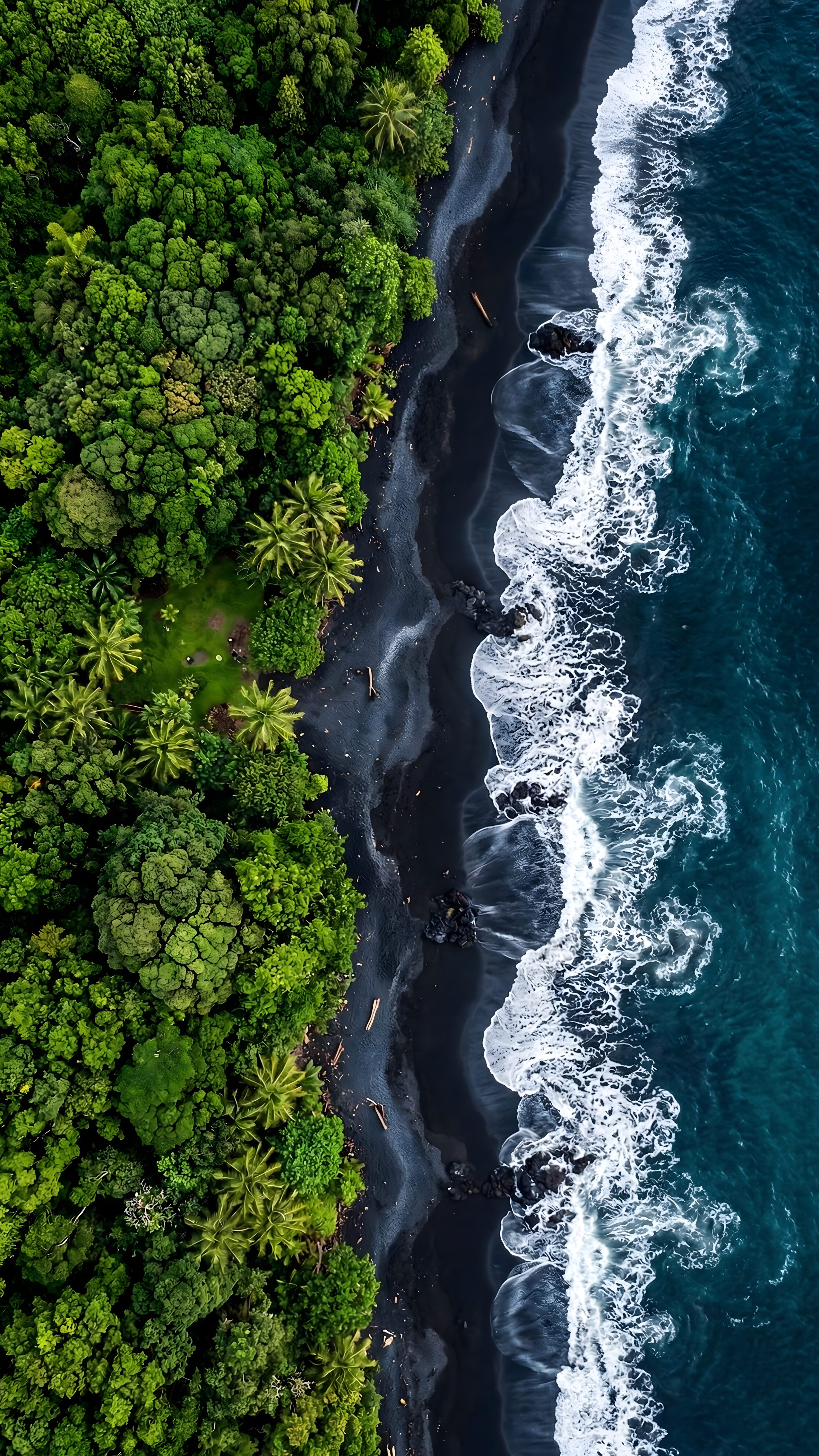 A high-resolution 4K aerial mobile wallpaper featuring a lush green tropical forest meeting a volcanic black sand beach with white ocean waves crashing ashore.