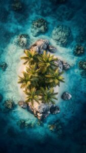 A 4K iPhone wallpaper showing a top-down aerial view of a small tropical island with palm trees, white sand, and coral reefs in turquoise water.
