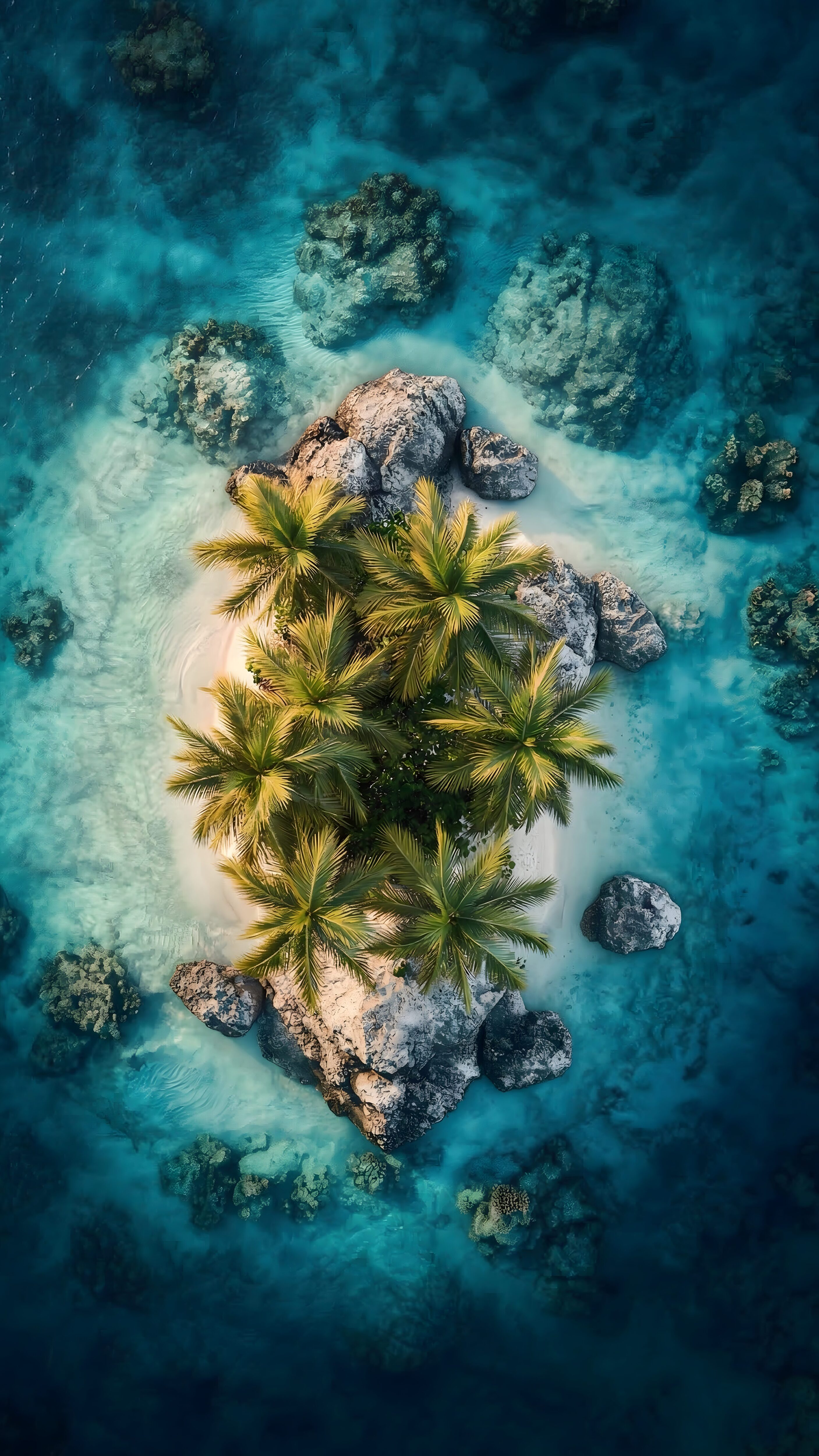 A 4K iPhone wallpaper showing a top-down aerial view of a small tropical island with palm trees, white sand, and coral reefs in turquoise water.