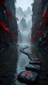 A high-resolution 4K nature wallpaper featuring a dark river with stepping stones leading into misty mountains, accented by vibrant red maple leaves.