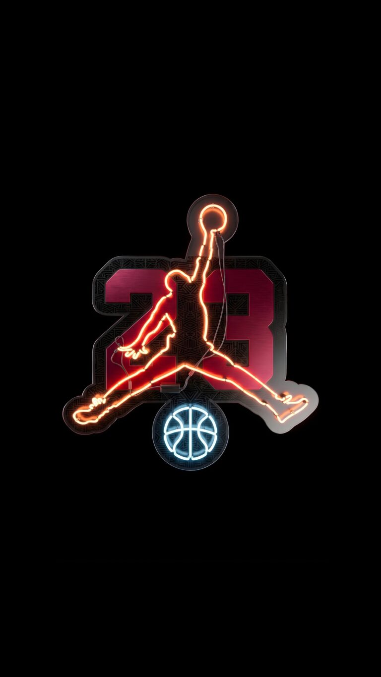 Air Jordan logo with number 23 and basketball neon light wallpaper for mobile