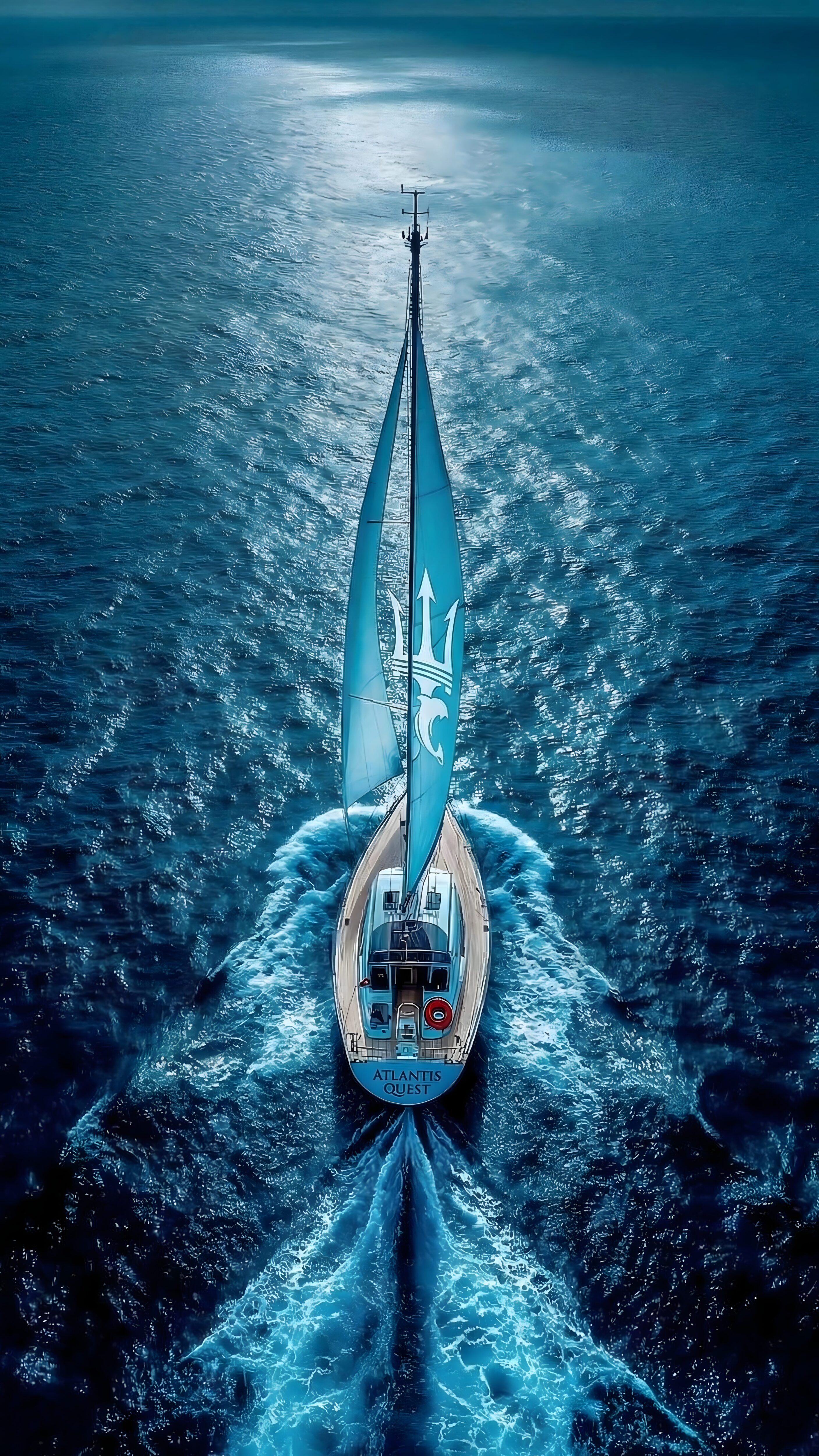A 4K mobile wallpaper showing a top-down aerial view of a sailboat named Atlantis Quest with a blue sail and trident logo on the ocean.