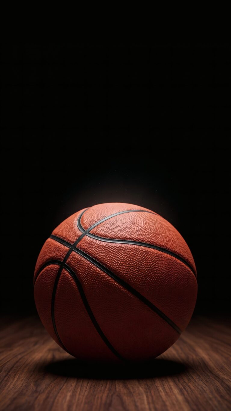 A premium 4K basketball wallpaper showing a solitary ball with gold logo on a dark wooden court.