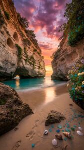 A beautiful sunset over a hidden sandy beach with turquoise water, coastal caves, and colorful sea shells in the foreground.