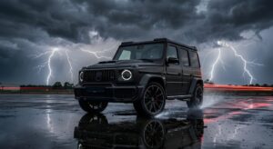 4K desktop wallpaper of a black Mercedes G-Wagon driving on a wet road during a dark storm with lightning strikes.