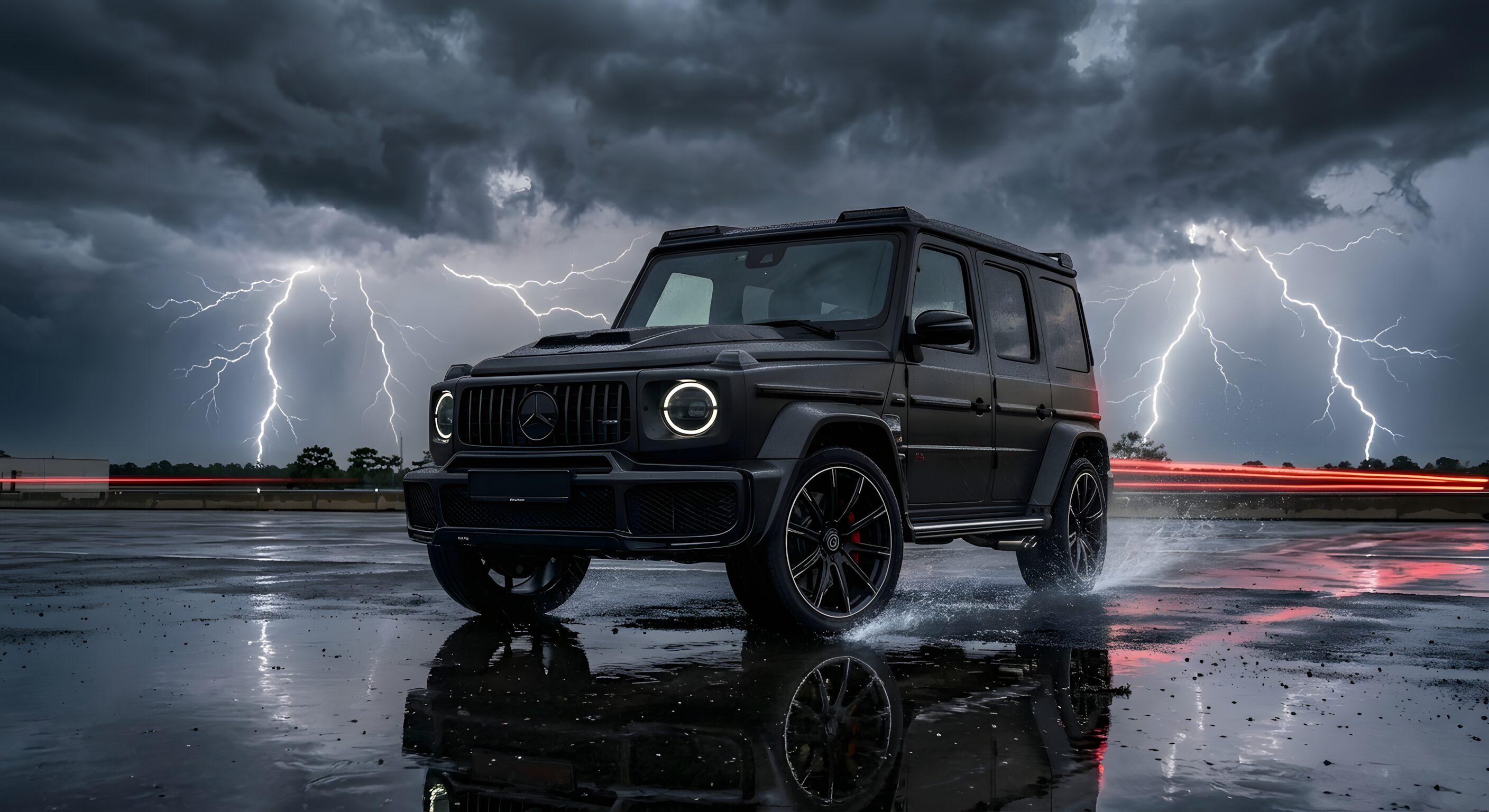 4K desktop wallpaper of a black Mercedes G-Wagon driving on a wet road during a dark storm with lightning strikes.