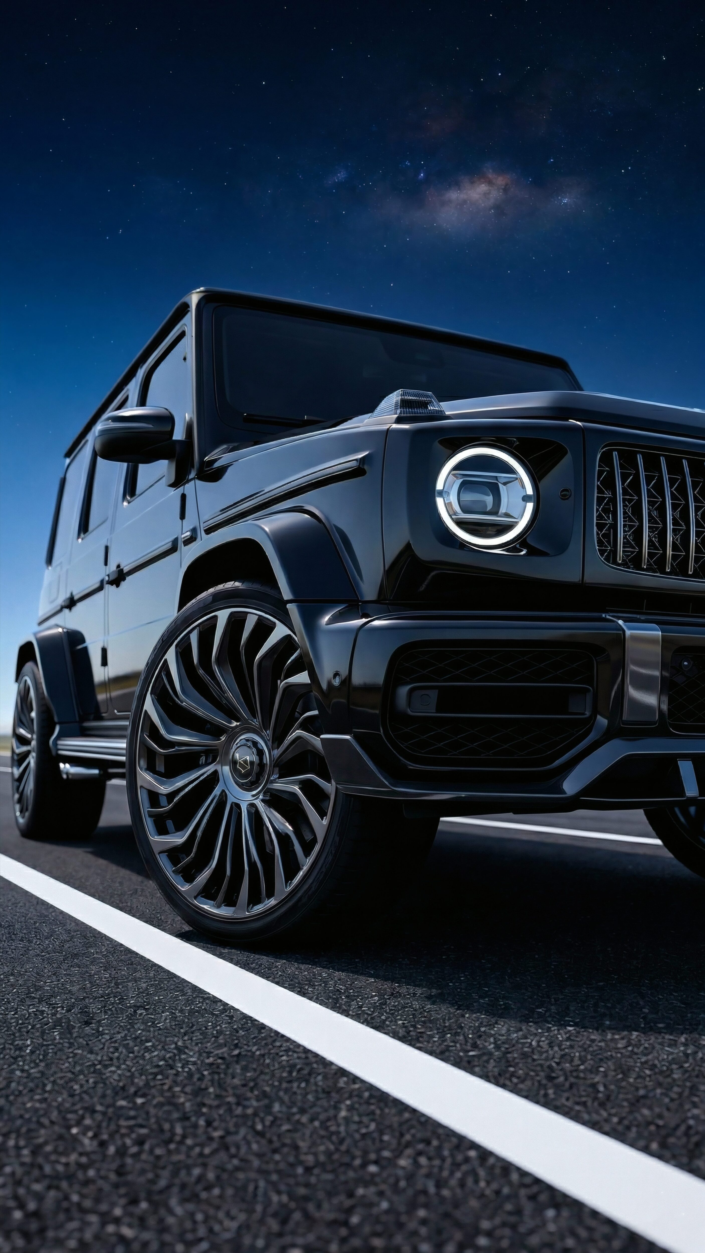 A 4K mobile wallpaper of a glossy black Mercedes-Benz G-Wagon parked on a road at night under a clear starry sky with the Milky Way visible.