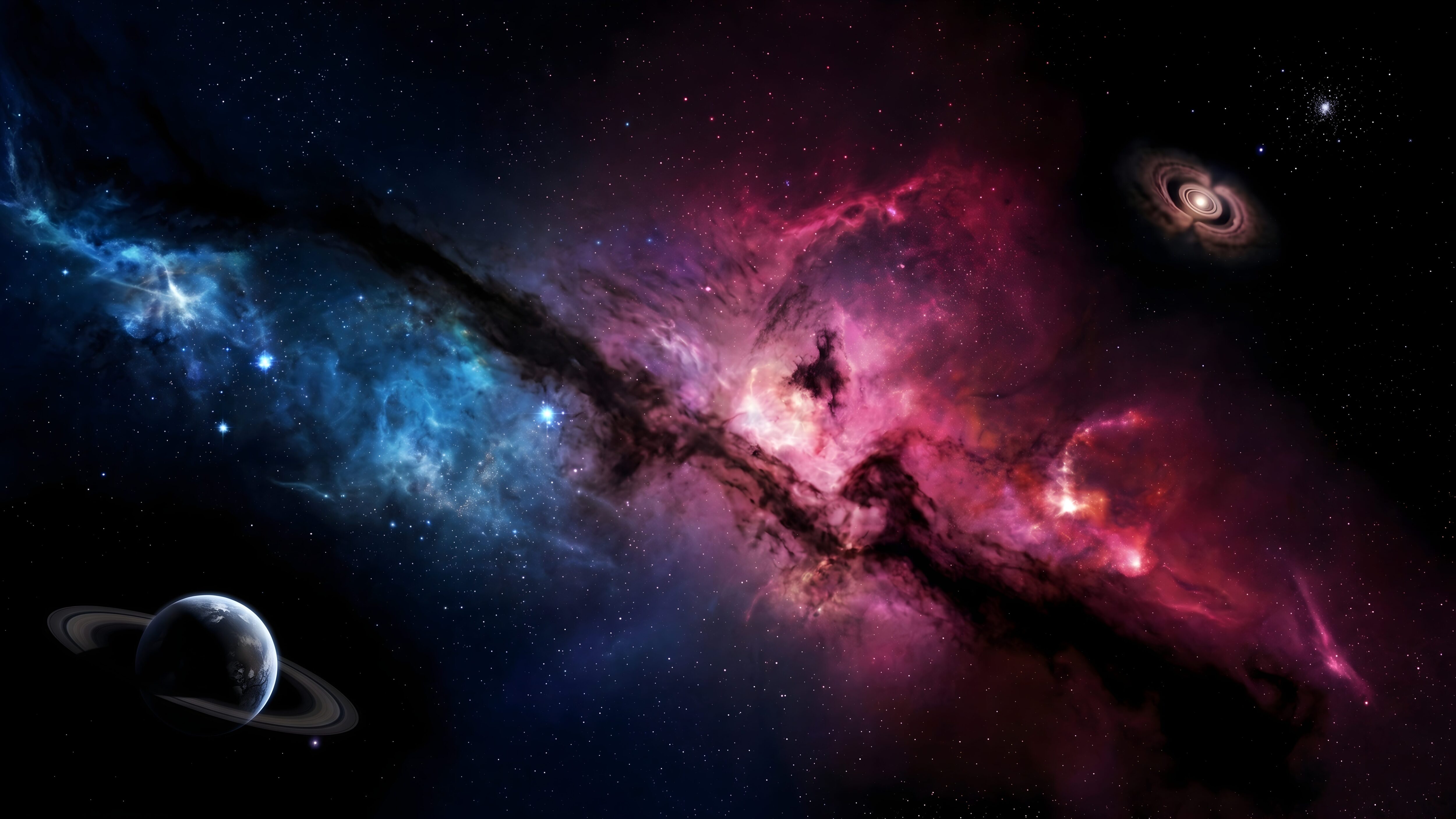 A wide 4K desktop wallpaper of a vibrant blue and pink nebula in deep space, featuring a ringed planet in the bottom corner and a black hole in the distance.