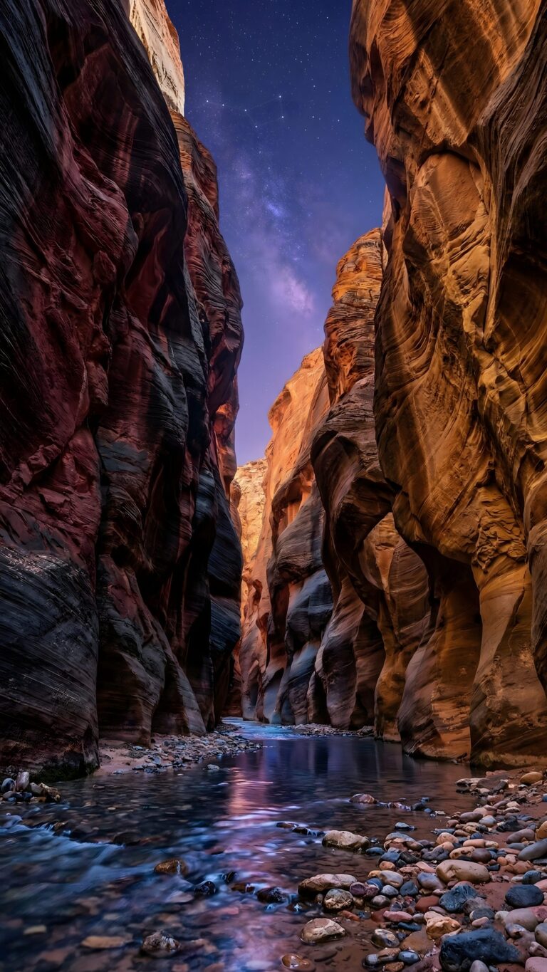 A high-resolution iPhone wallpaper showing a narrow canyon during sunset with fading light on the peaks and stars starting to appear in the sky.