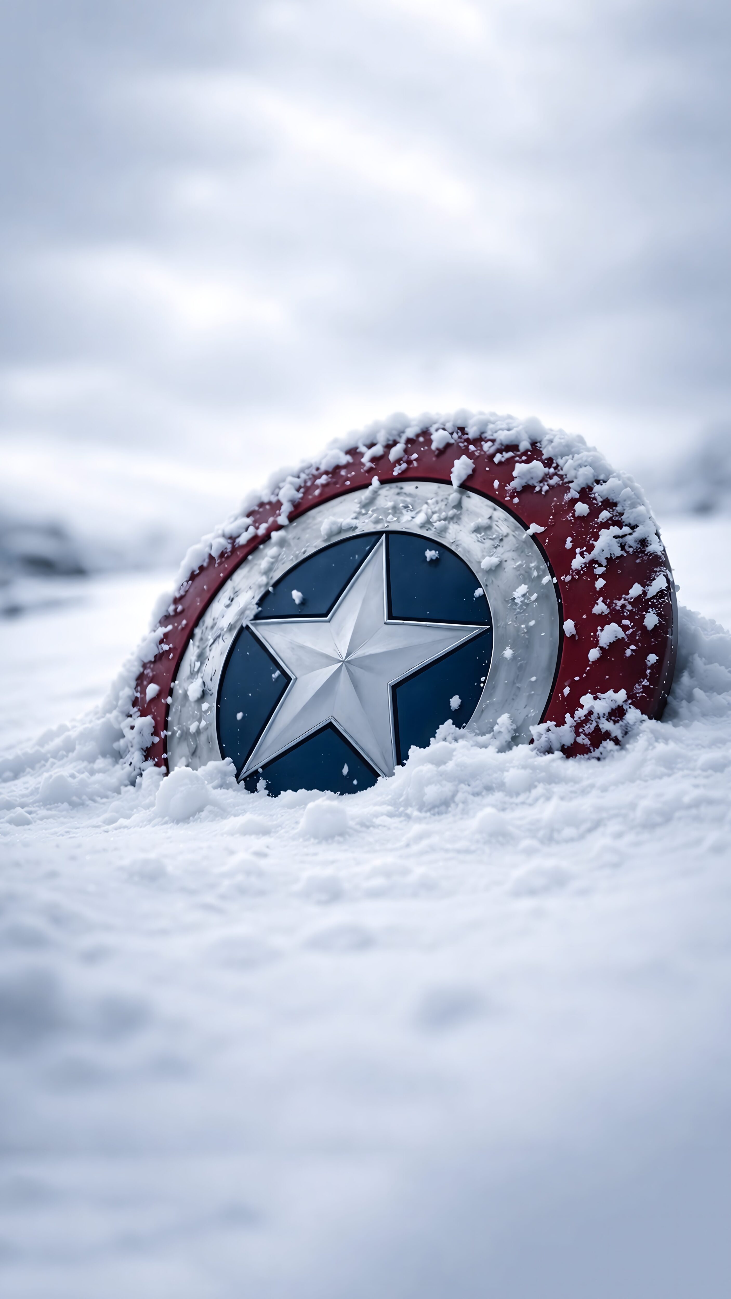 4K mobile wallpaper of Captain America's iconic shield half-buried in pure white snow, perfectly optimized for iPhone iOS depth effect lock screens.