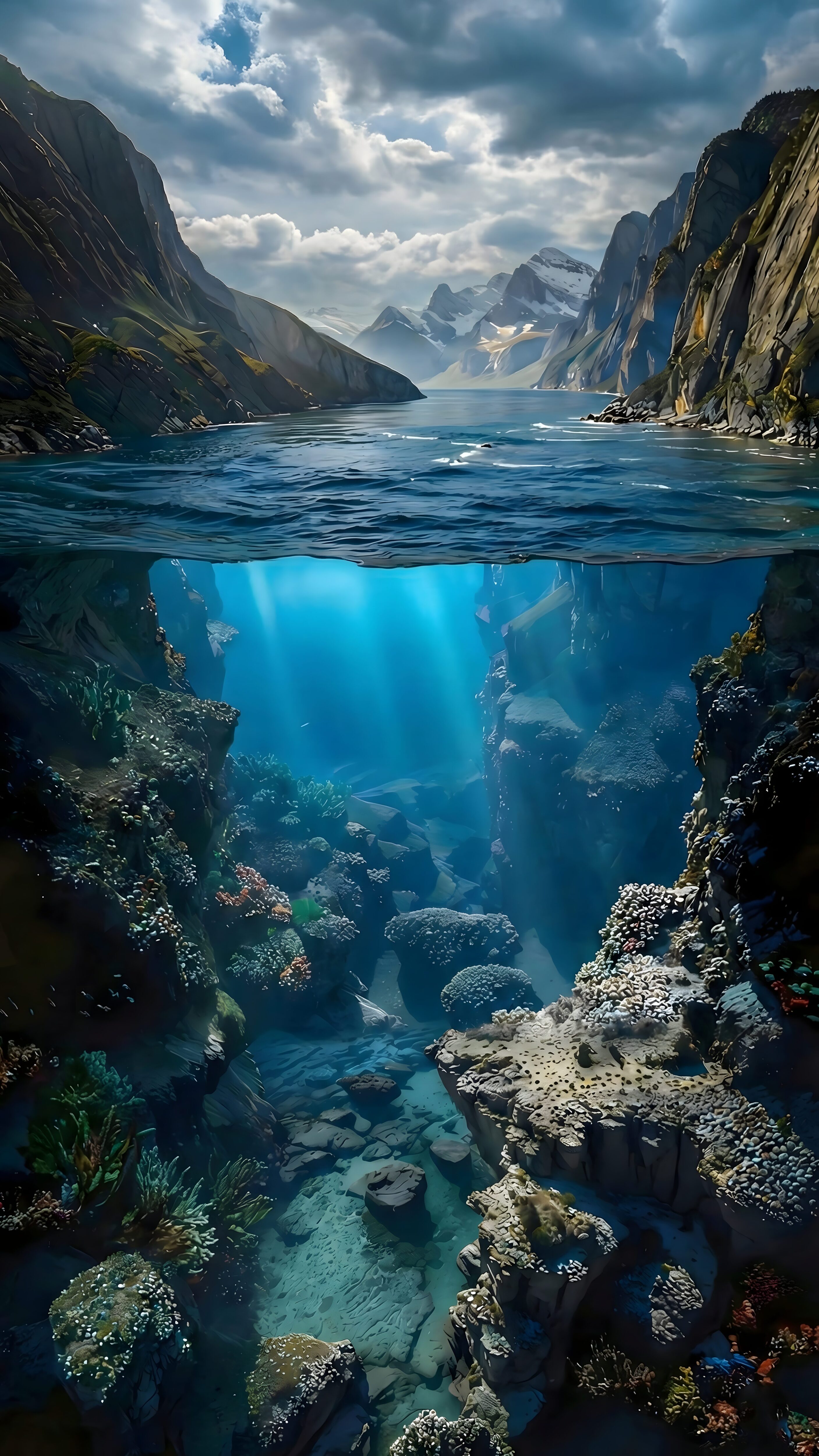 A high-resolution 4K split-view mobile wallpaper featuring snow-capped mountain peaks above water and a deep sun-lit underwater canyon below.