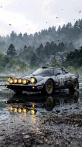 A 4K mobile wallpaper showing a dark blue vintage rally car with bright yellow fog lights parked on a wet dirt road, surrounded by a misty forest.