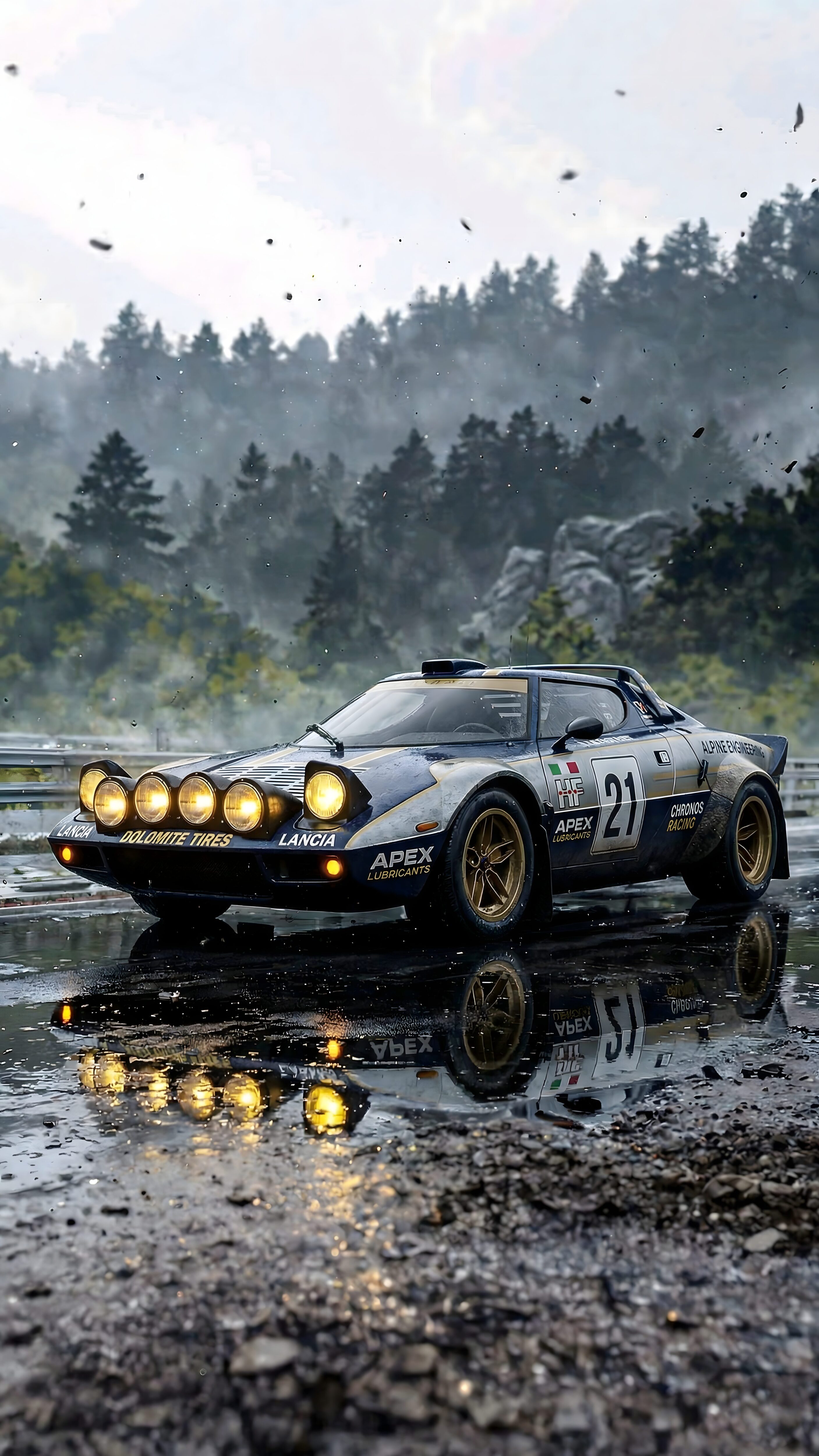 A 4K mobile wallpaper showing a dark blue vintage rally car with bright yellow fog lights parked on a wet dirt road, surrounded by a misty forest.