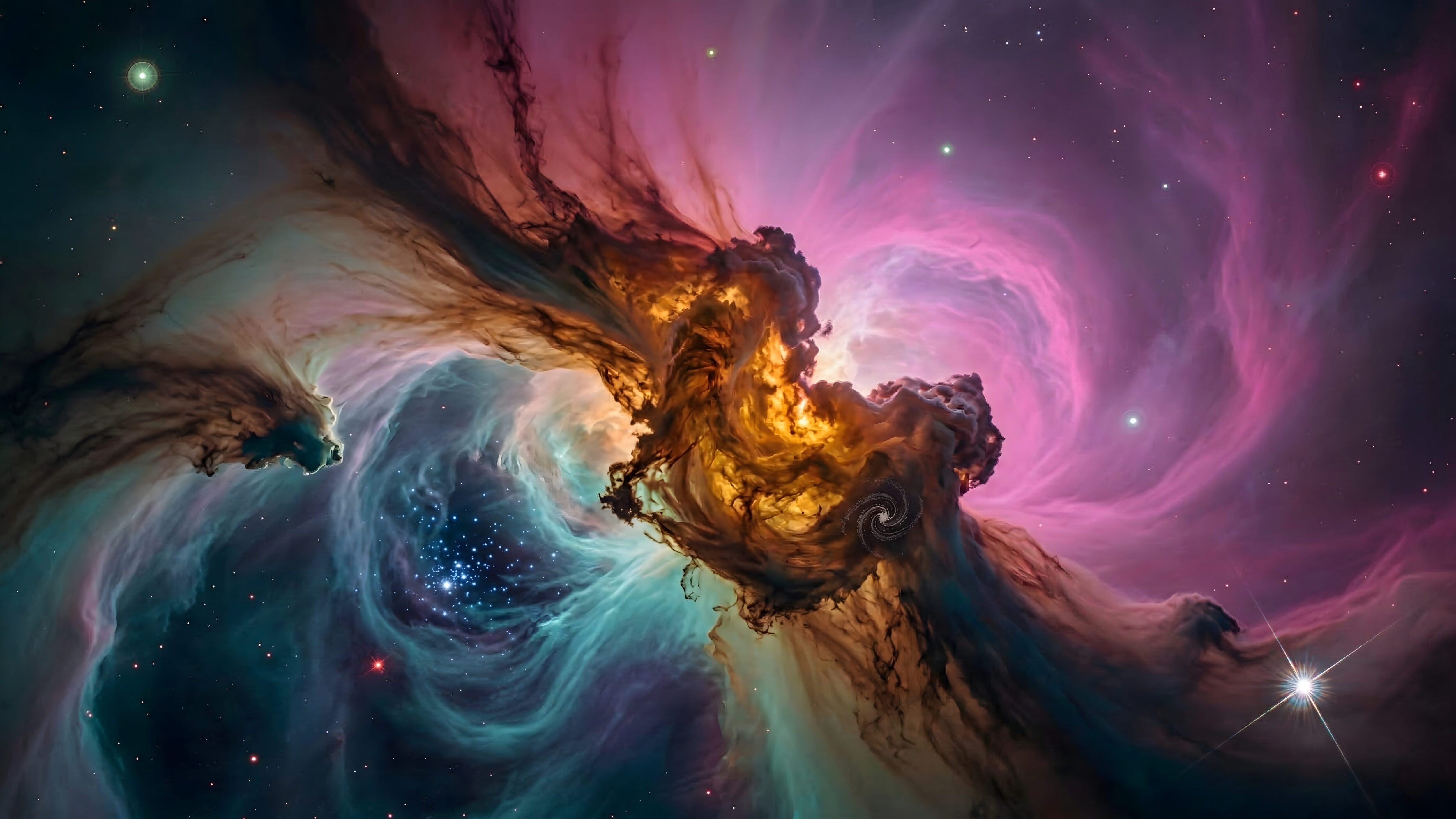 4K desktop wallpaper of a vibrant colorful nebula in deep space featuring pink, teal, and gold cosmic dust with glowing stars.