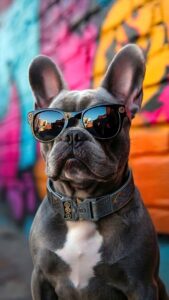 Crisp 4K mobile wallpaper of a cool French Bulldog wearing dark sunglasses and a futuristic collar sitting in front of a colorful graffiti wall.