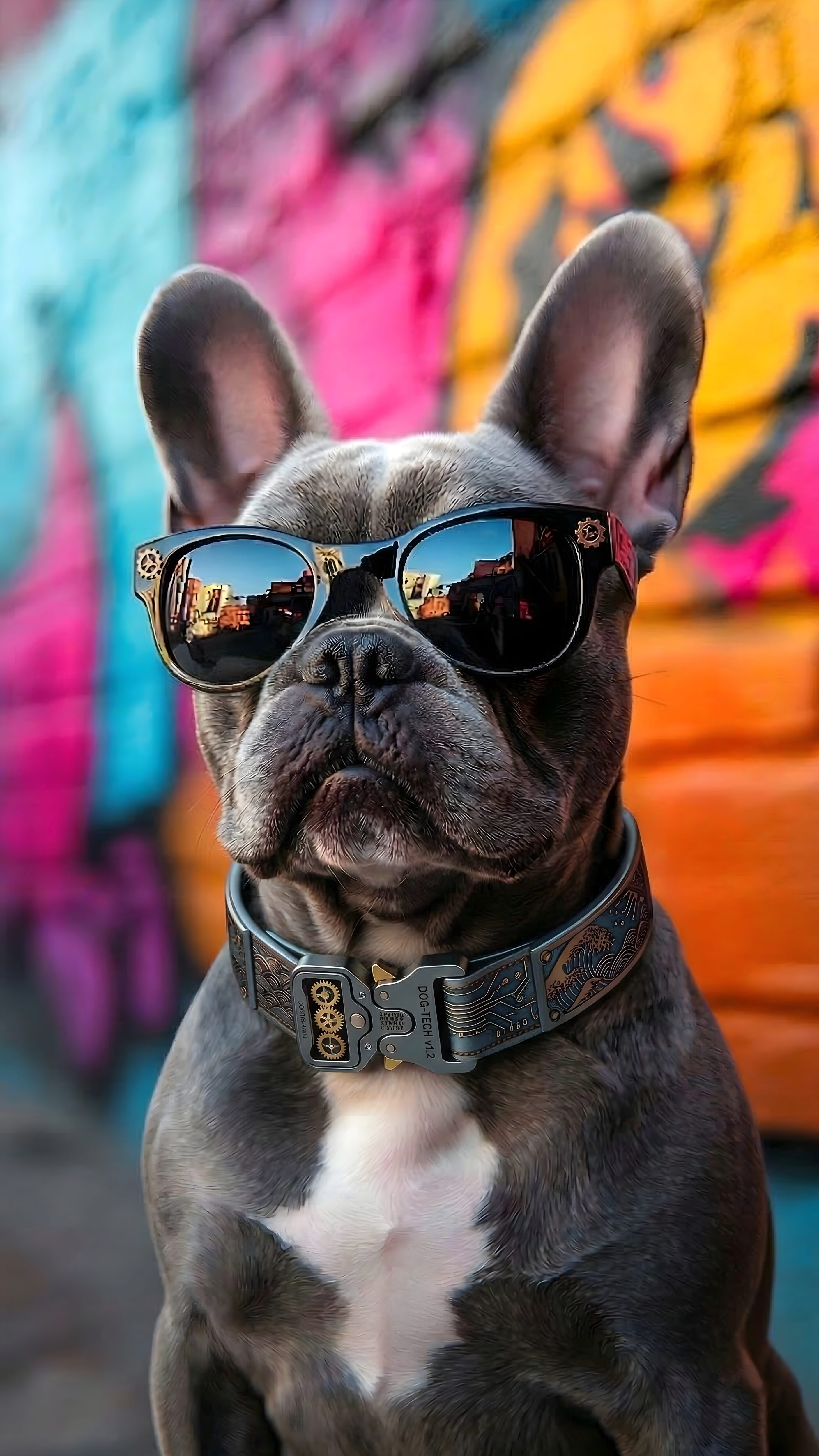 Crisp 4K mobile wallpaper of a cool French Bulldog wearing dark sunglasses and a futuristic collar sitting in front of a colorful graffiti wall.