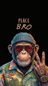 A high-resolution 4K mobile wallpaper of a stylized monkey wearing a beanie, sunglasses, and a Hawaiian shirt showing a peace sign with the text Peace Bro against a pure black background.