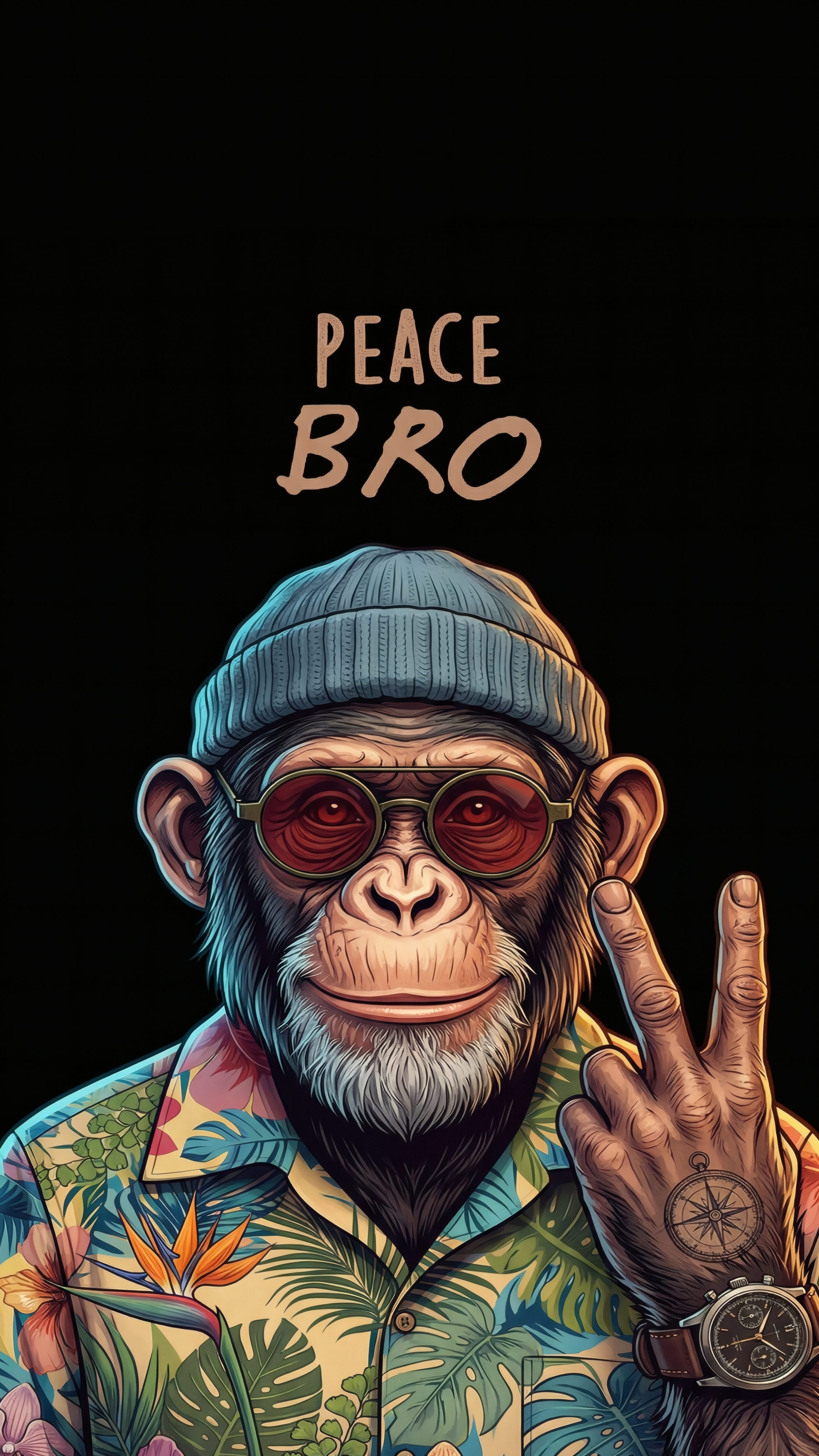 A high-resolution 4K mobile wallpaper of a stylized monkey wearing a beanie, sunglasses, and a Hawaiian shirt showing a peace sign with the text Peace Bro against a pure black background.