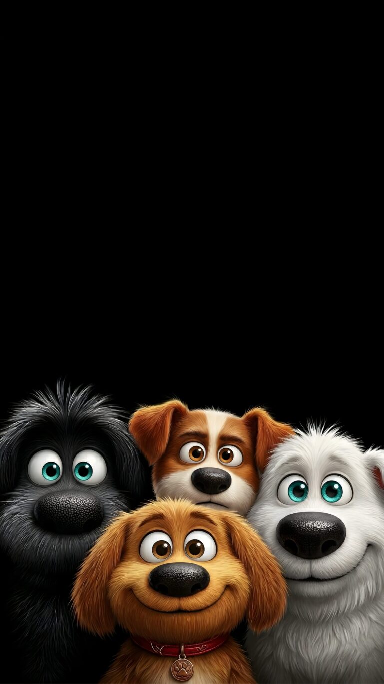 4K AMOLED mobile wallpaper featuring four cute animated peeking dogs against a pitch-black background.