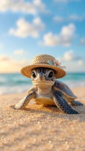 A high-resolution 4K mobile wallpaper of an adorable baby sea turtle wearing a small straw hat, resting on a bright, sandy beach with the ocean behind it.