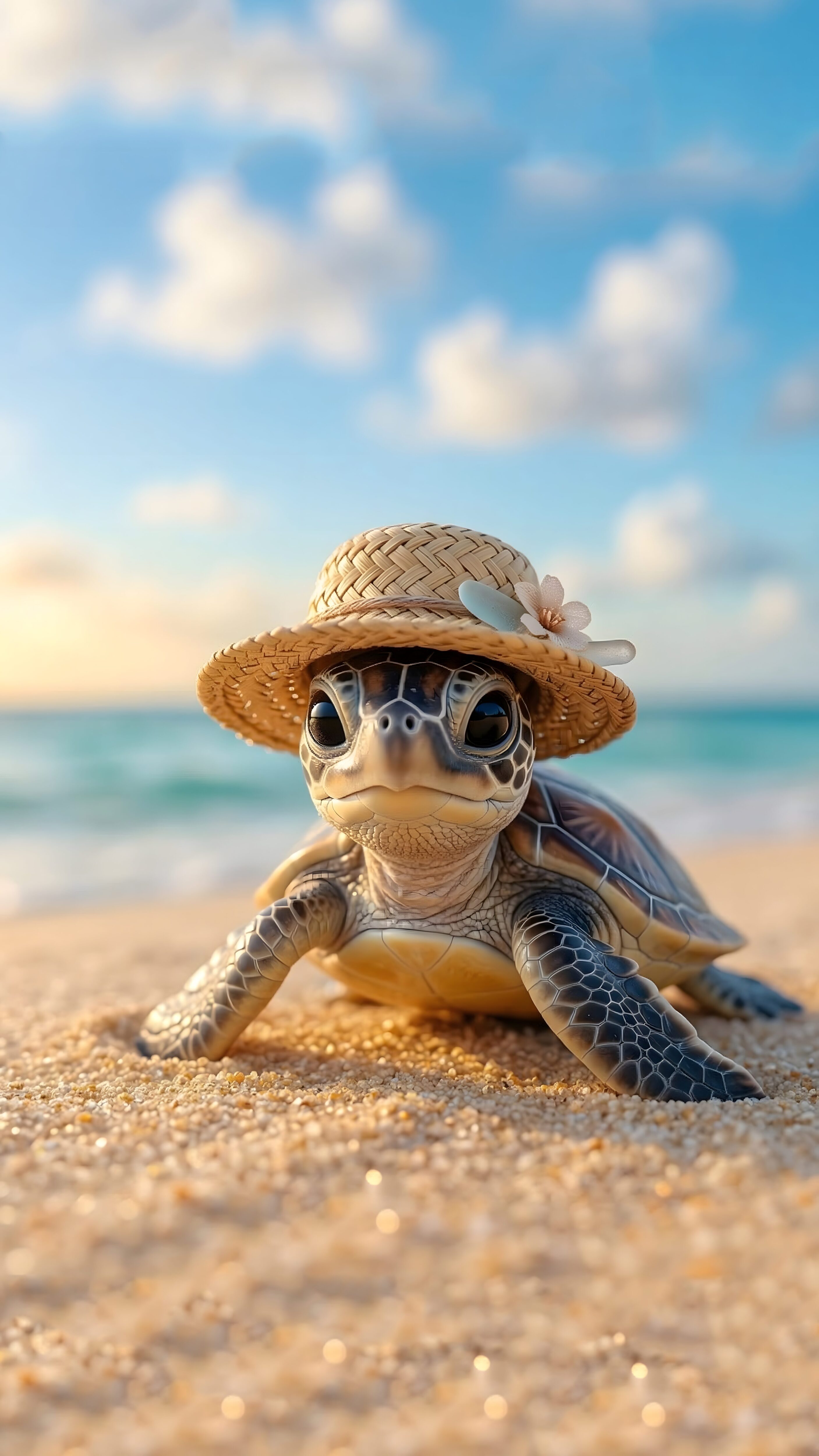 A high-resolution 4K mobile wallpaper of an adorable baby sea turtle wearing a small straw hat, resting on a bright, sandy beach with the ocean behind it.