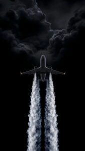 A high-resolution 4K mobile wallpaper of a dark airplane silhouette flying upwards with long white smoke trails against a backdrop of stormy dark clouds.