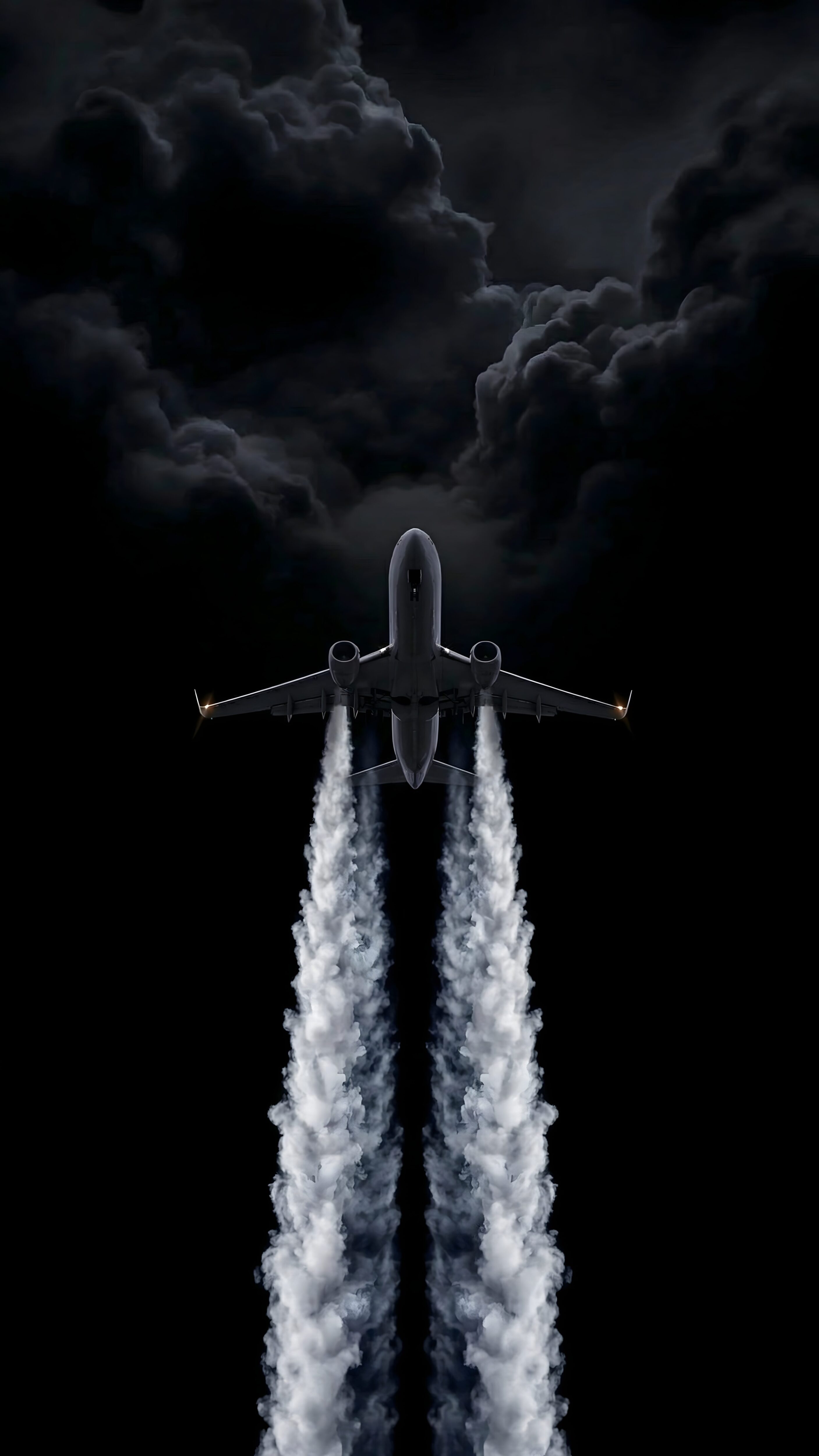 A high-resolution 4K mobile wallpaper of a dark airplane silhouette flying upwards with long white smoke trails against a backdrop of stormy dark clouds.