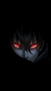 Crisp 4K mobile wallpaper of a dark anime character with glowing red eyes emerging from pitch black shadows.