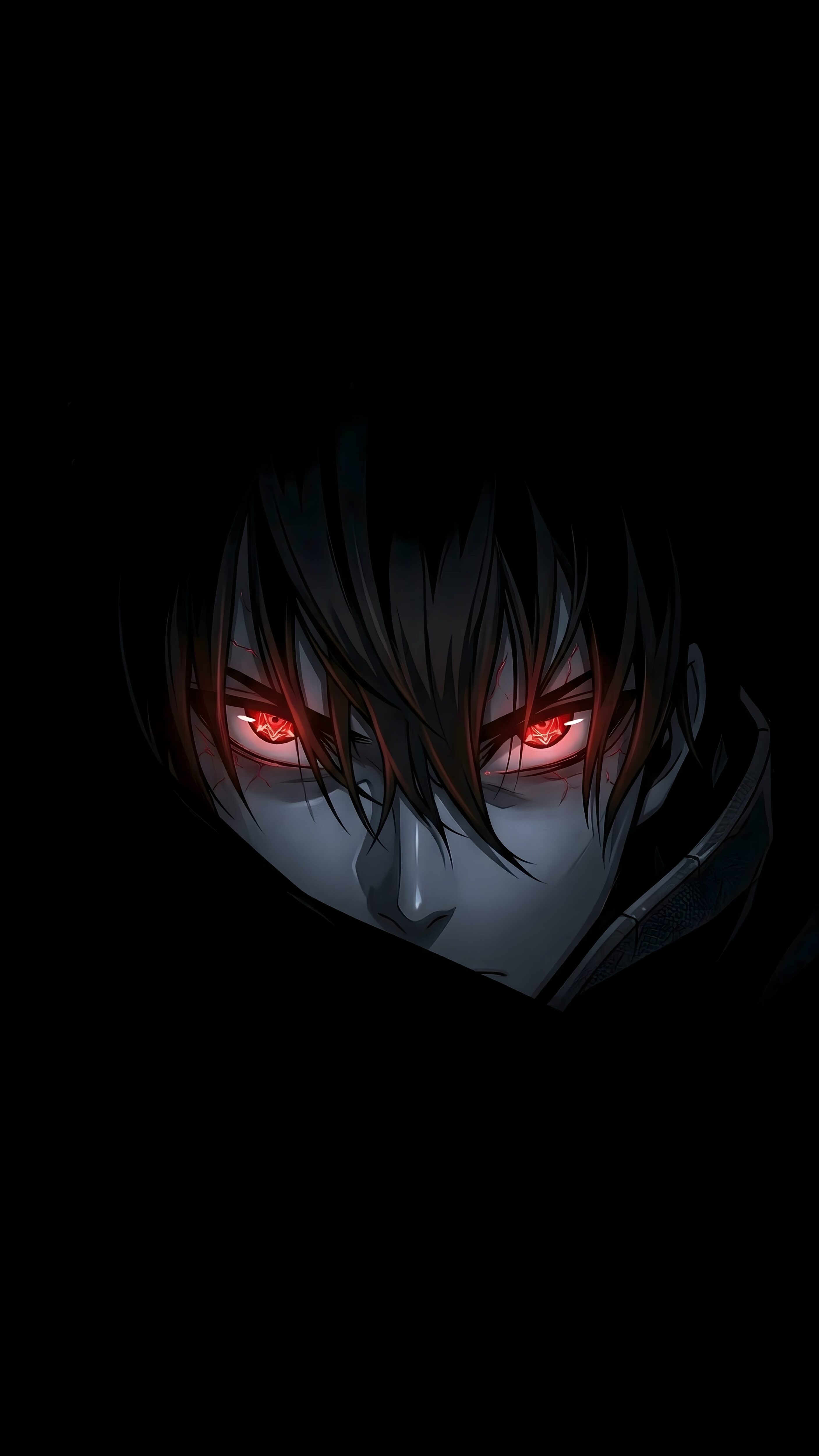 Crisp 4K mobile wallpaper of a dark anime character with glowing red eyes emerging from pitch black shadows.
