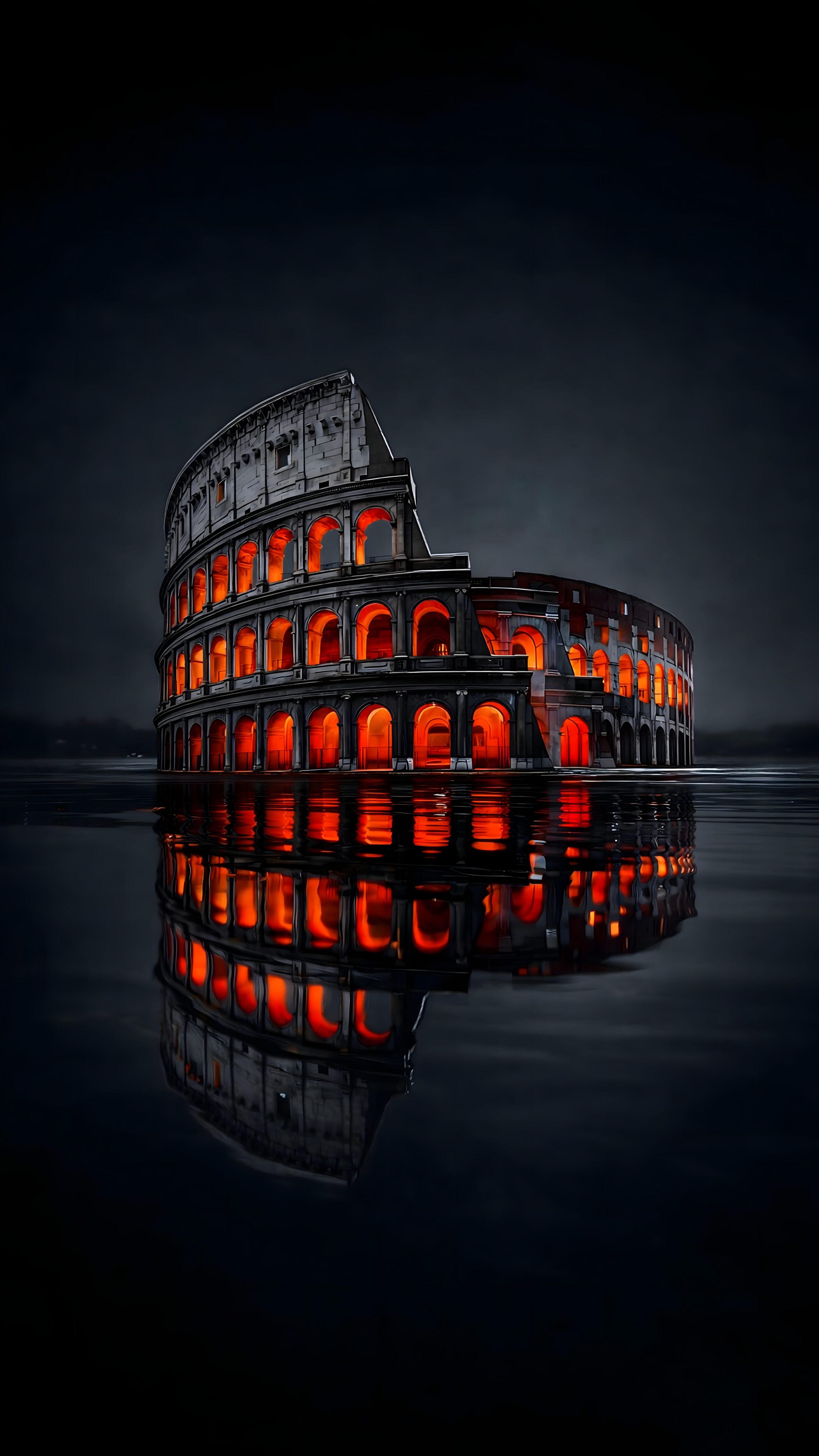 A high-resolution 4K mobile wallpaper of the Roman Colosseum at night with glowing orange arches reflecting perfectly on dark, still water.