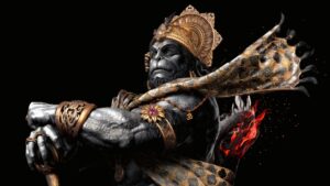 Ultra-HD 4K desktop wallpaper of Lord Hanuman in a fierce pose with detailed gold ornaments, a decorated mace, and a pure black background.