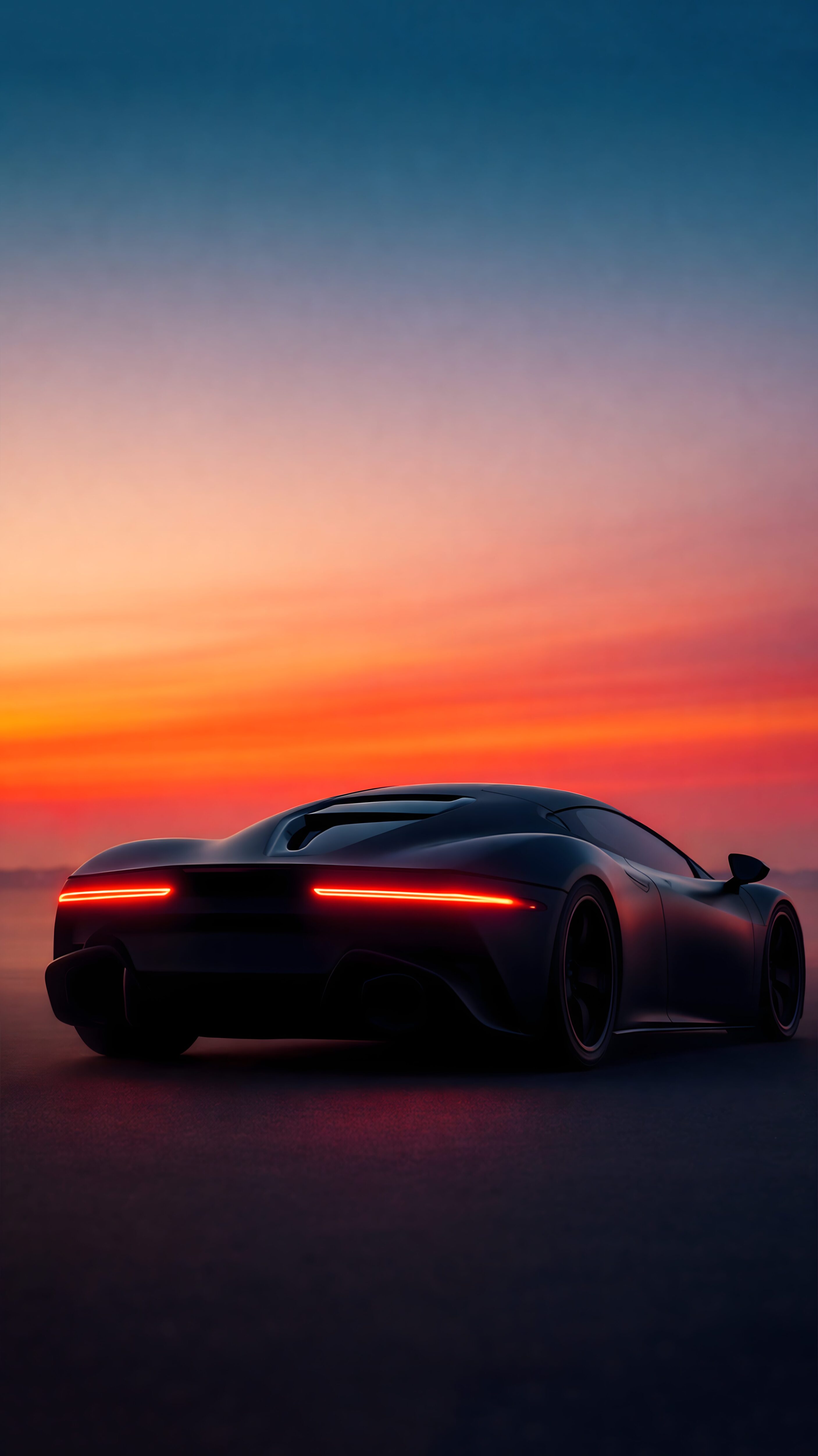 A high-resolution 4K mobile wallpaper of the rear view of a sleek, dark matte supercar with glowing red taillights parked against a vibrant orange and deep blue sunset sky.