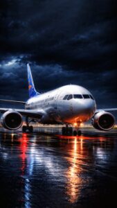 Passenger airplane parked on a wet airport tarmac at night with vibrant light reflections and dark cloudy sky.